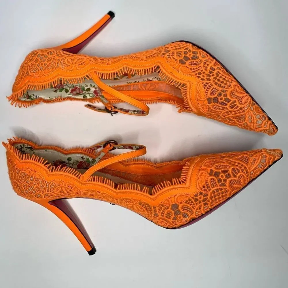 Gucci Virginia Lace Pumps Neon Orange EU 40 US 10 Mary Jane Lace Heels - Picture 7 of 11